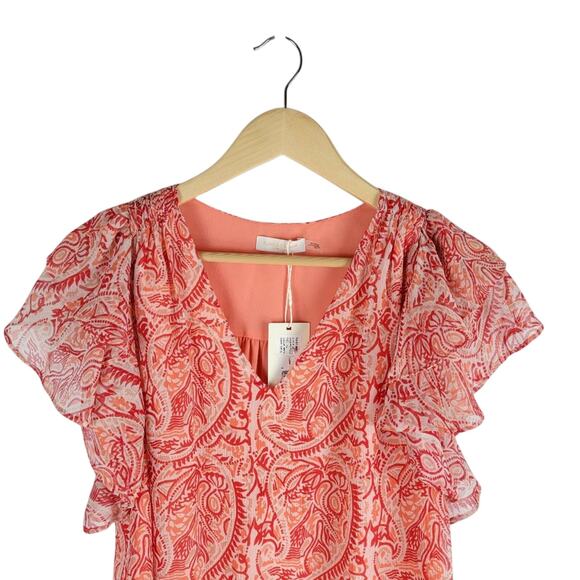 NEW Ramy Brook Paisley Printed Flutter Sleeve Silk Blouse V-neck Bright Red xs - Picture 2 of 5